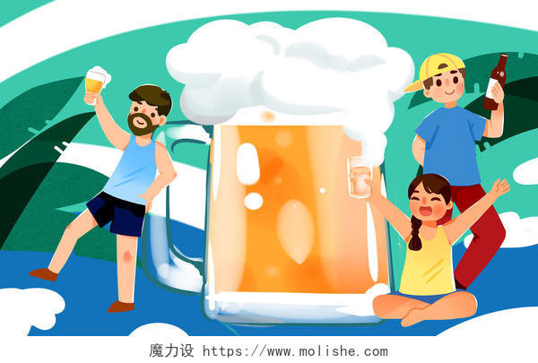 卡通手绘夏天啤酒啤酒节狂欢插画素材